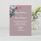 Country donkergroen roze paarse bloemen bruiloft kaart (Staand voorkant)