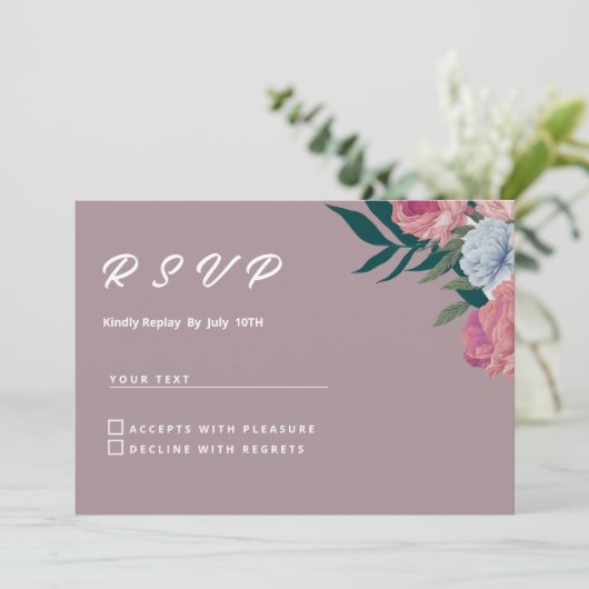 Country donkergroen roze paarse bloemen RSVP Kaart (Staand voorkant)