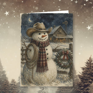 Country en Western Kerstmis   Cowboy Sneeuwman Kaart