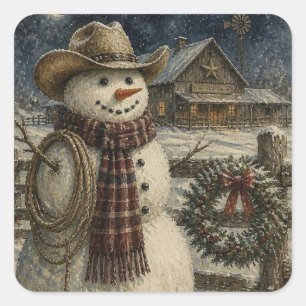 Country en Western Kerstmis Cowboy Sneeuwman Vierkante Sticker