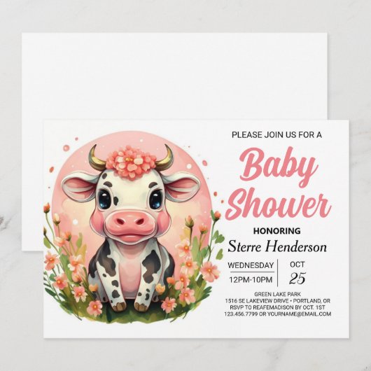 Country Enchanted Pastel Koe Baby shower Kaart (Voorkant / Achterkant)