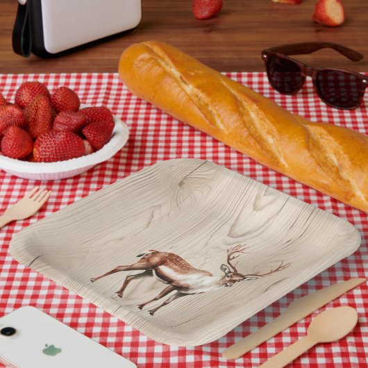 Country Faux Wood Herten Verjaardag Papieren Bordje (Picknick)