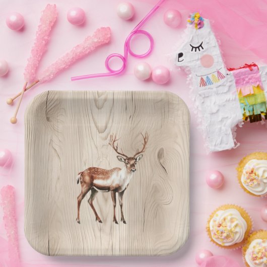 Country Faux Wood Herten Verjaardag Papieren Bordje (Feest)