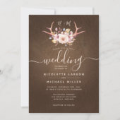 Country Floral en Antler Leather Wedding Kaart (Voorkant)