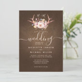 Country Floral en Antler Leather Wedding Kaart (Staand voorkant)