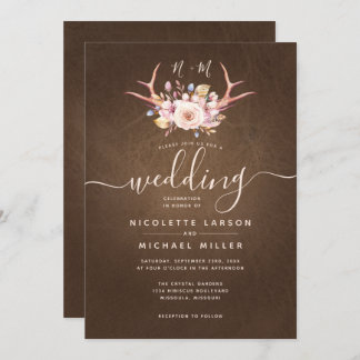 Country Floral en Antler Leather Wedding Kaart