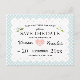 Country Floral Gingham Pink Blue Bewaar de datum Aankondigingskaart