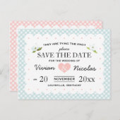 Country Floral Gingham Pink Blue Bewaar de datum Aankondigingskaart (Voorkant / Achterkant)
