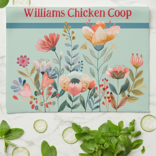 Country Folk Art Kippen op Blue Gingham Check Theedoek (Gevouwen)