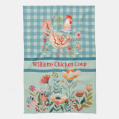 Country Folk Art Kippen op Blue Gingham Check Theedoek (Verticaal)