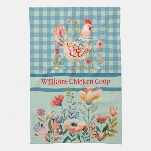 Country Folk Art Kippen op Blue Gingham Check Theedoek (Verticaal)
