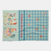 Country Folk Art Kippen op Blue Gingham Check Theedoek (Horizontaal)
