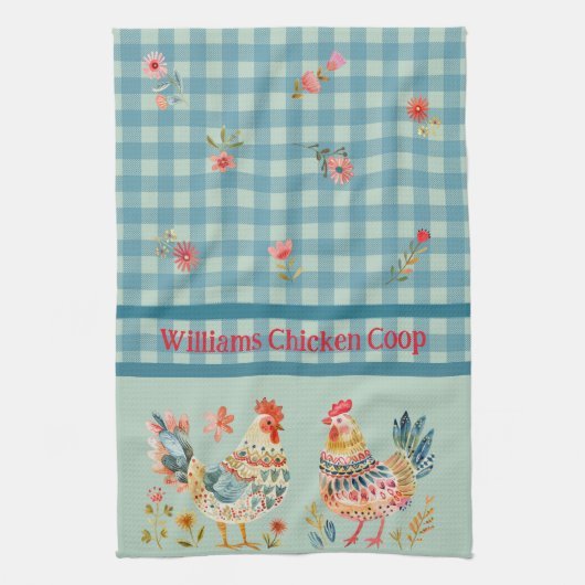 Country Folk Art Kippen op Blue Gingham Check Theedoek (Verticaal)