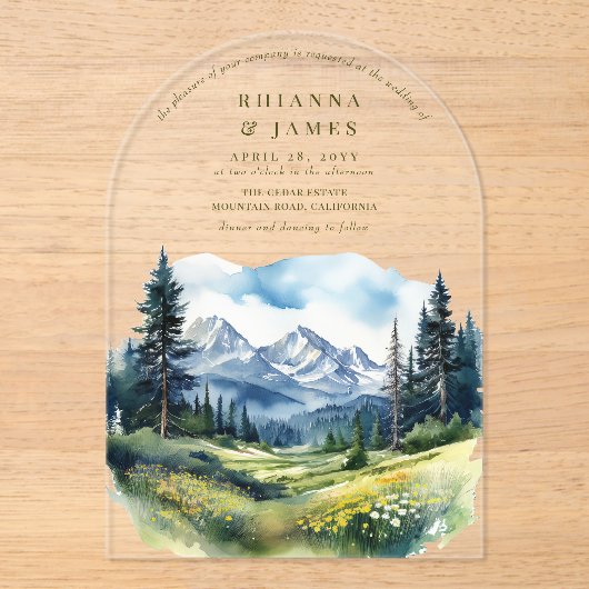Country Forest Glade Wedding Mountain Landschap Acryl Uitnodigingen (Voorkant)
