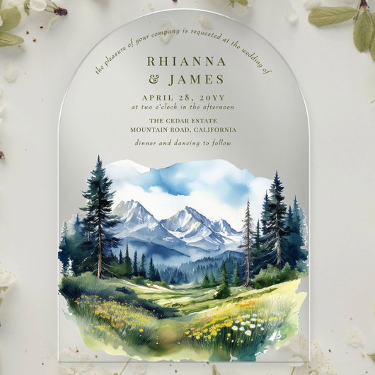 Country Forest Glade Wedding Mountain Landschap Acryl Uitnodigingen