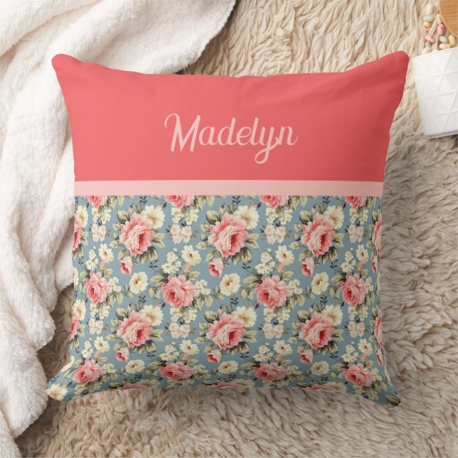 Country Garden Bloemige Koraalrode Monogramnaam Kussen (Deken)