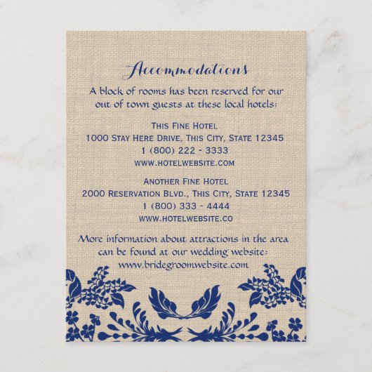 Country Garden Blue en Burlap Info Kaart (Voorkant)