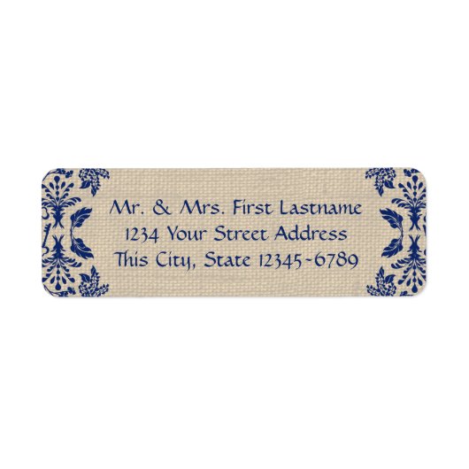 Country Garden Damask Blue en Burlap Etiket (Voorkant)