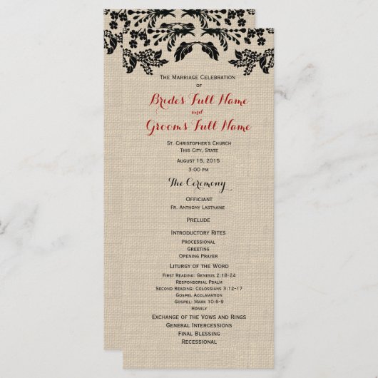 Country Garden en Burlap Huwelijksprogramma Programmakaart (Voorkant / Achterkant)