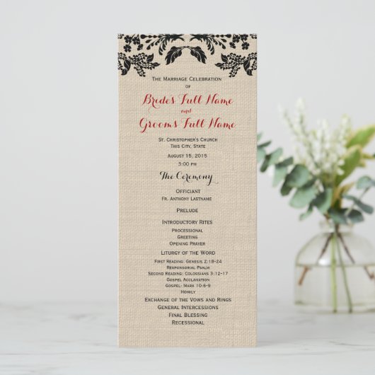 Country Garden en Burlap Huwelijksprogramma Programmakaart (Staand voorkant)