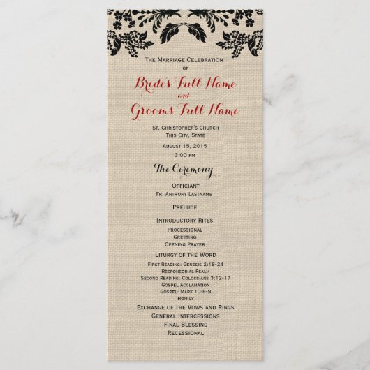 Country Garden en Burlap Huwelijksprogramma Programmakaart (Voorkant)