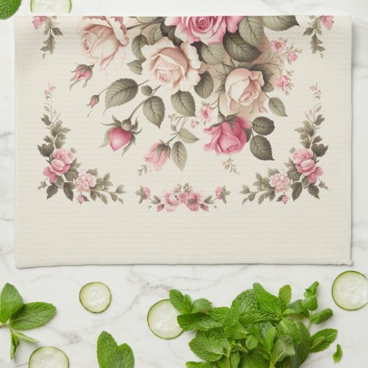 Country Garden Roze Rozen op Cream Achtergrond Theedoek (Gevouwen)