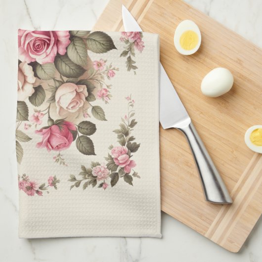 Country Garden Roze Rozen op Cream Achtergrond Theedoek (Quarter Fold)