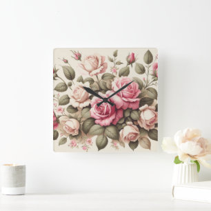 Country Garden Roze Rozen op Cream Achtergrond Vierkante Klok