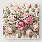 Country Garden Roze Rozen op Cream Achtergrond Vierkante Klok (Voorkant)