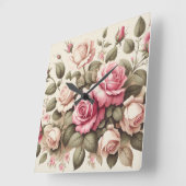 Country Garden Roze Rozen op Cream Achtergrond Vierkante Klok (Hoek)