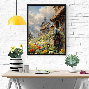 Country Garden w / Meisje in blauwe jurk en bloeme Perfect Poster