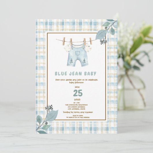 Country Gingham Blue Jean Baby shower Uitnodiging (Staand voorkant)