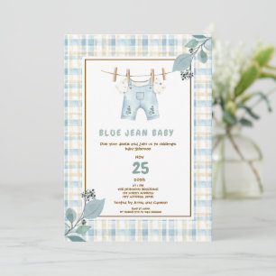 Country Gingham Blue Jean Baby shower Uitnodiging