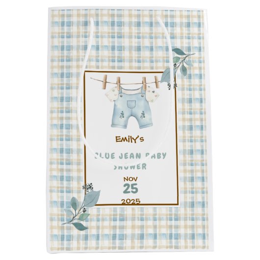 Country Gingham Blue Jean Baby shower Welkom Medium Cadeauzakje (Voorkant)