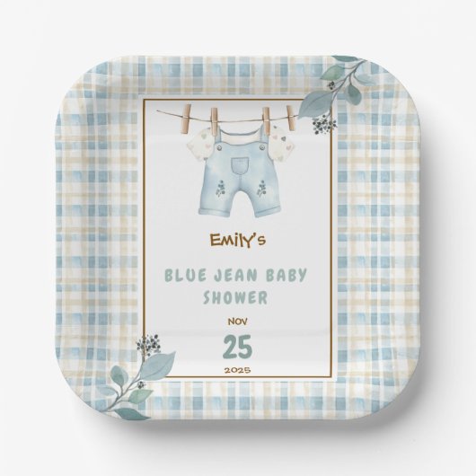 Country Gingham Blue Jean Baby shower Welkom Papieren Bordje (Voorkant)
