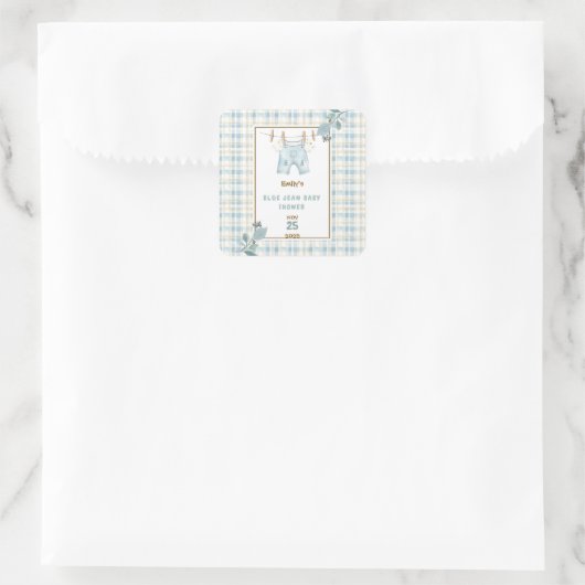 Country Gingham Blue Jean Baby shower Welkom Vierkante Sticker (Tas)