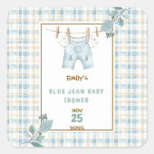 Country Gingham Blue Jean Baby shower Welkom Vierkante Sticker (Voorkant)