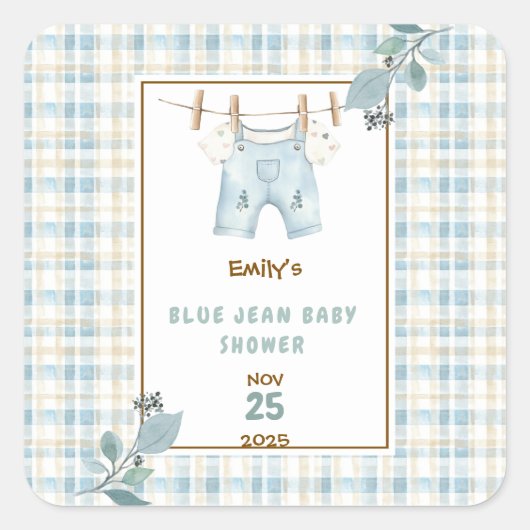 Country Gingham Blue Jean Baby shower Welkom Vierkante Sticker (Voorkant)