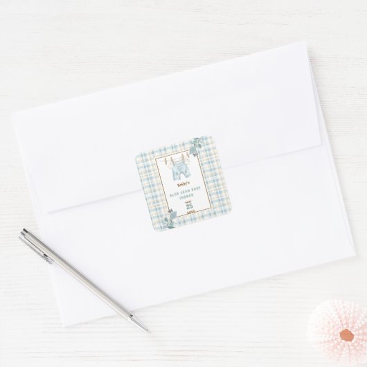 Country Gingham Blue Jean Baby shower Welkom Vierkante Sticker (Envelop)