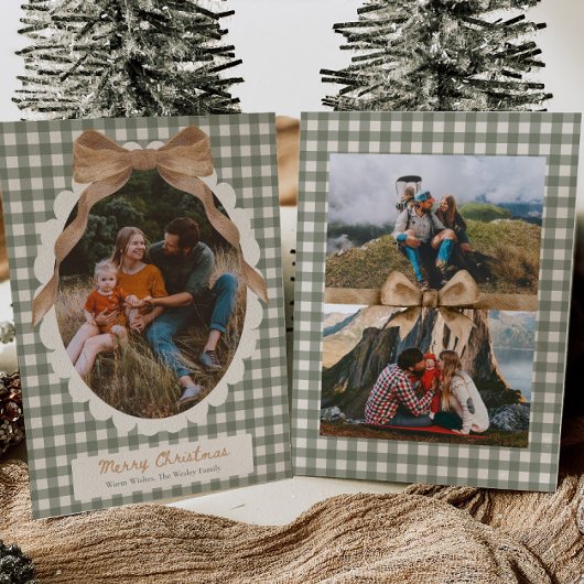 Country Gingham Bow Photo Christmas Card Feestdagenkaart
