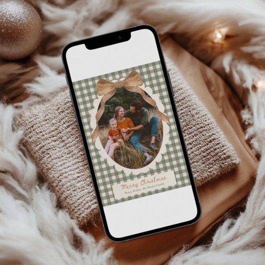 Country Gingham Bow Photo Christmas Card Feestdagenkaart