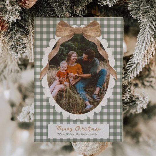 Country Gingham Bow Photo Christmas Card Feestdagenkaart