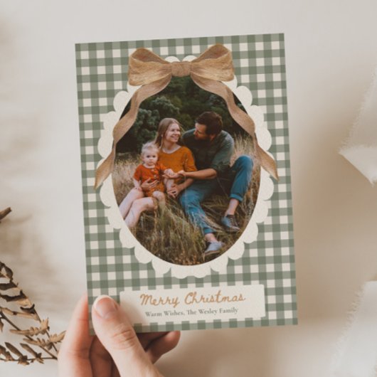 Country Gingham Bow Photo Christmas Card Feestdagenkaart
