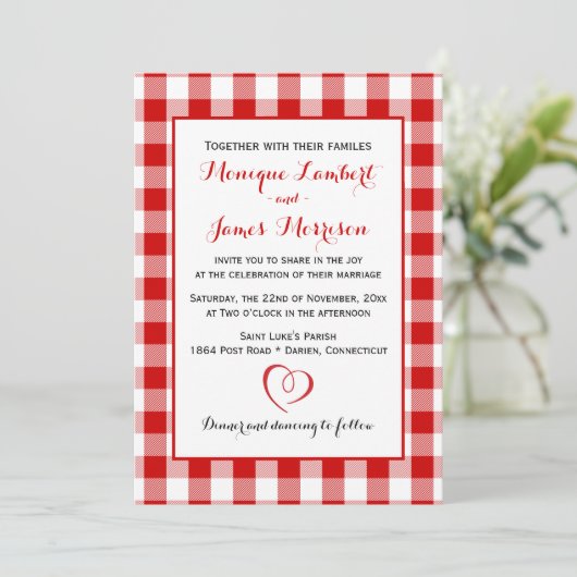 Country Gingham Rood & Wit Cheques Wedding Plaid Kaart (Staand voorkant)