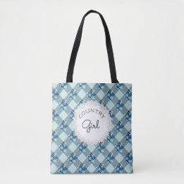 Country Girl Blue Gingham Flowers Patroon Tote Bag