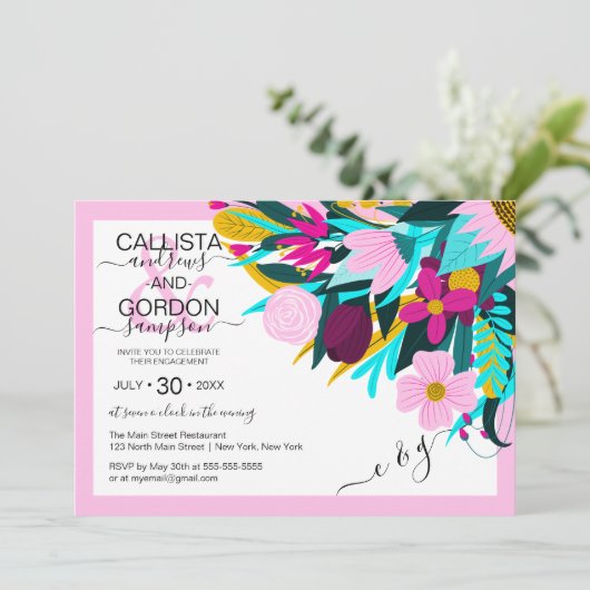 Country Golden Pink Floral Leaf Border Verloving Kaart (Staand voorkant)