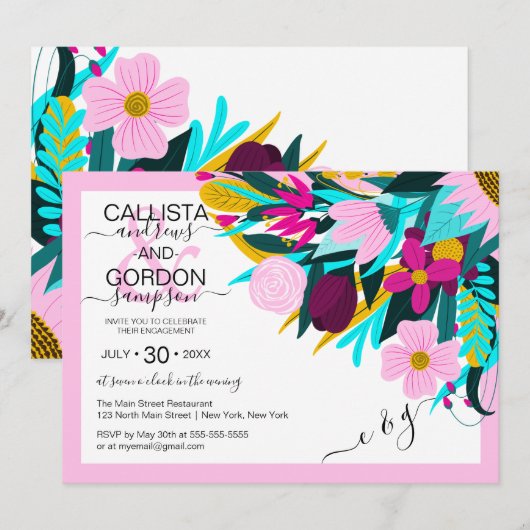 Country Golden Pink Floral Leaf Border Verloving Kaart (Voorkant / Achterkant)