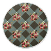 Country Grey Gingham met Bourgondische bloemen Keramische Knop (Voorkant)