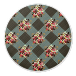 Country Grey Gingham met Bourgondische bloemen Keramische Knop