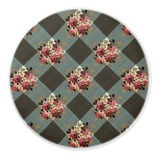 Country Grey Gingham met Bourgondische bloemen Keramische Knop (Voorkant)